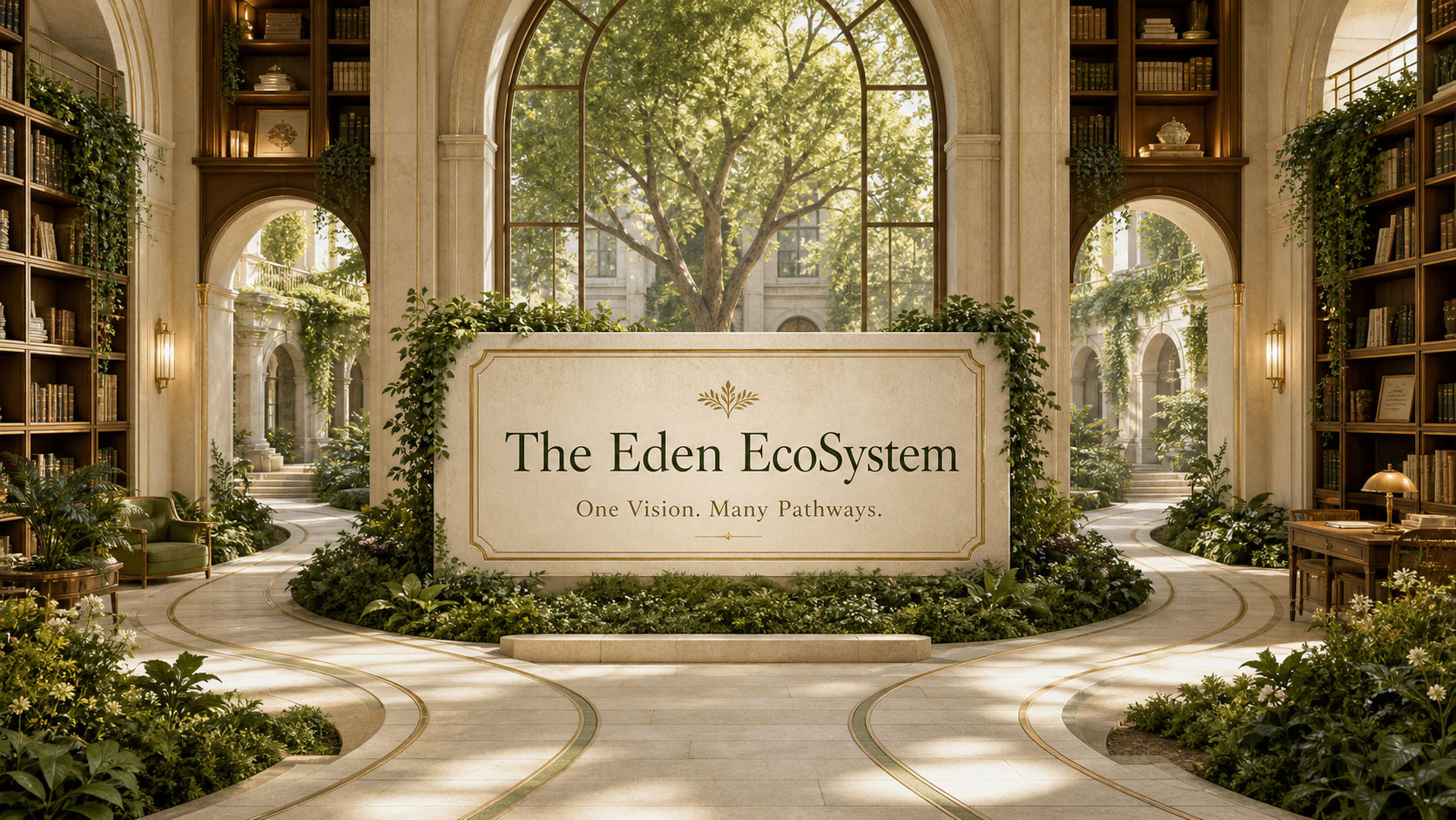A sunlit garden and library with branching paths and a plaque reading The Eden EcoSystem, One Vision. Many Pathways.